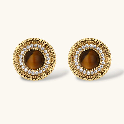 Gold-plated circular pendant necklace and matching earrings with natural stone centers and ornate rope detailing