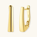Sleek 14K gold-plated sterling silver huggie earrings with polished finish and geometric elongated design on white background.
