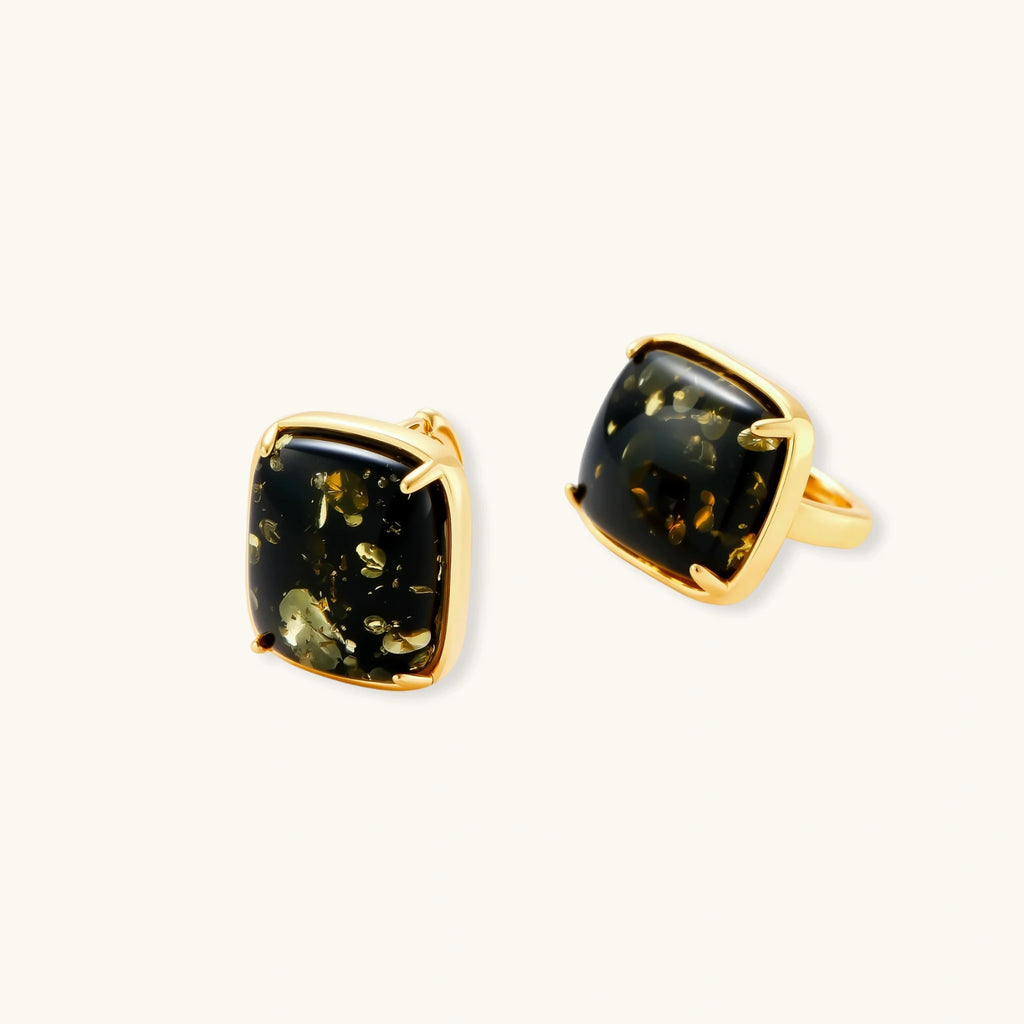 Elegant cushion-cut green amber earrings with golden inclusions in 18K gold-plated sterling silver settings.