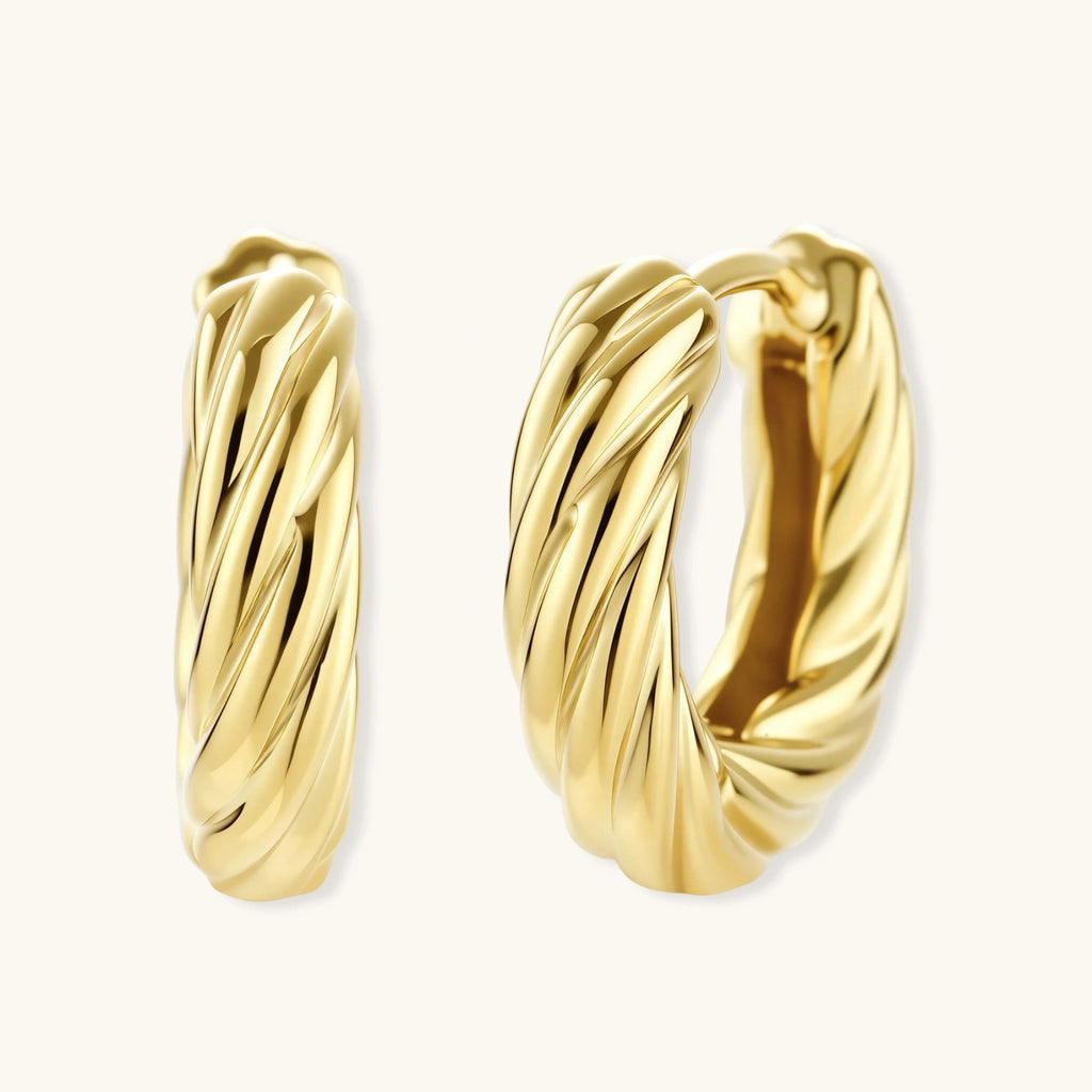14K gold-plated twisted rope huggie hoop earrings with hinged closure on white background, showing textured surface detail