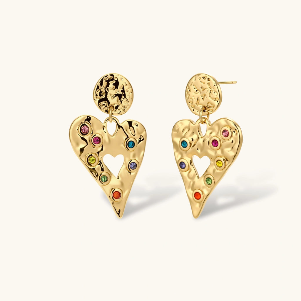 Gold hammered heart drop earrings with rainbow cubic zirconia stones and textured coin stud, 18K gold plated stainless steel.