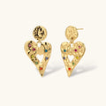 Gold hammered heart drop earrings with rainbow cubic zirconia stones and textured coin stud, 18K gold plated stainless steel.