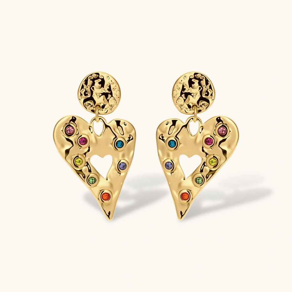 Gold hammered heart drop earrings with rainbow cubic zirconia stones and textured coin stud, 18K gold plated stainless steel.