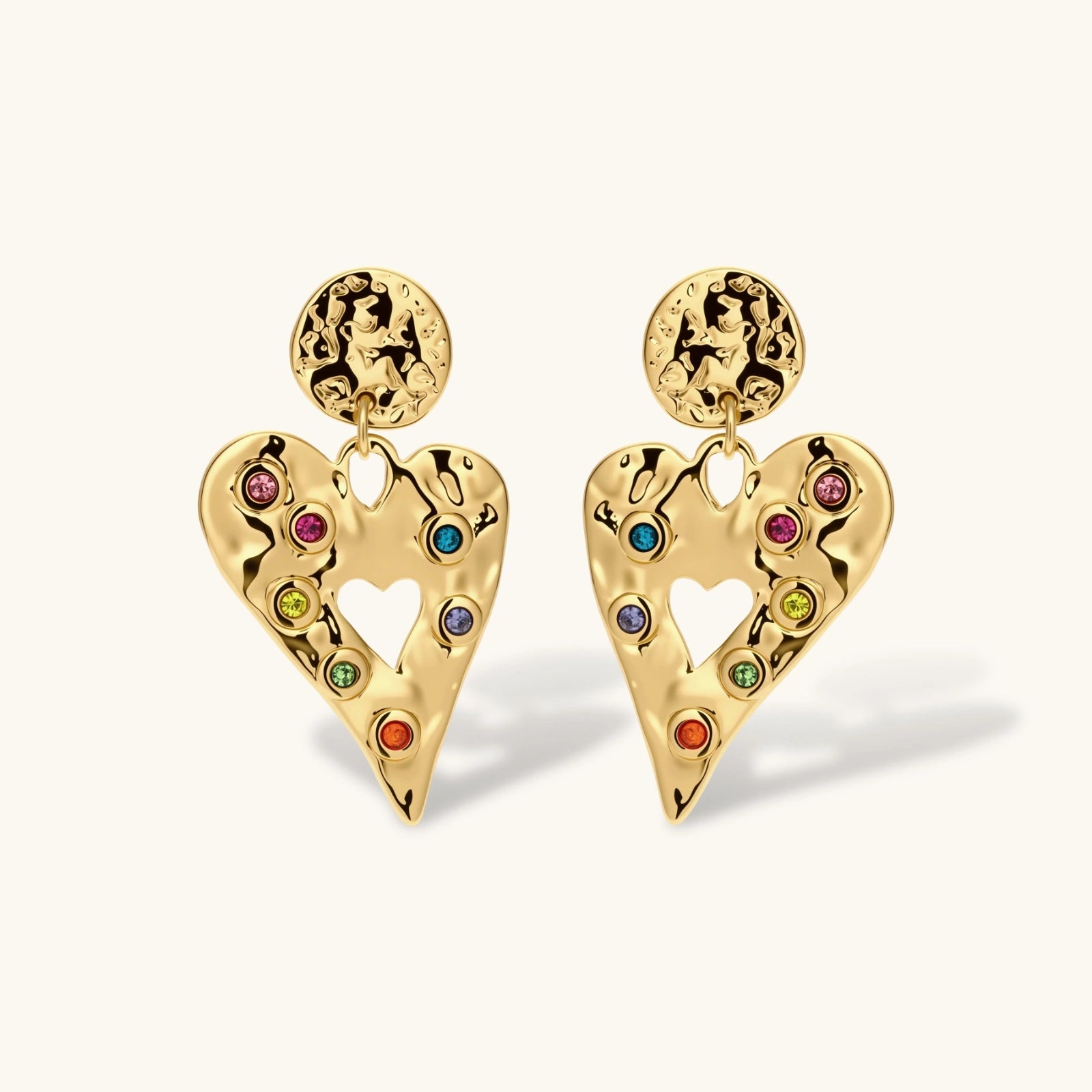 Gold hammered heart drop earrings with rainbow cubic zirconia stones and textured coin stud, 18K gold plated stainless steel.