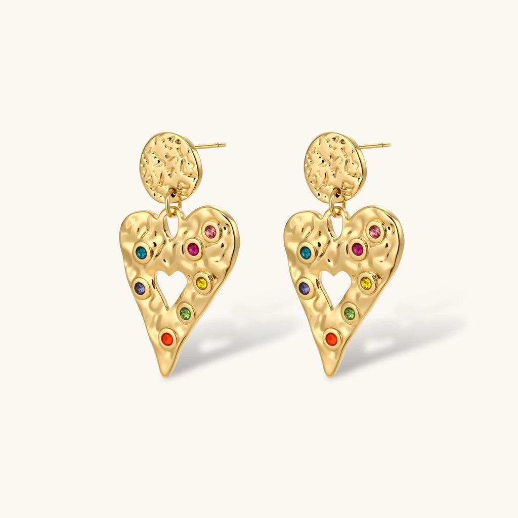 Gold hammered heart drop earrings with rainbow cubic zirconia stones and textured coin stud, 18K gold plated stainless steel.