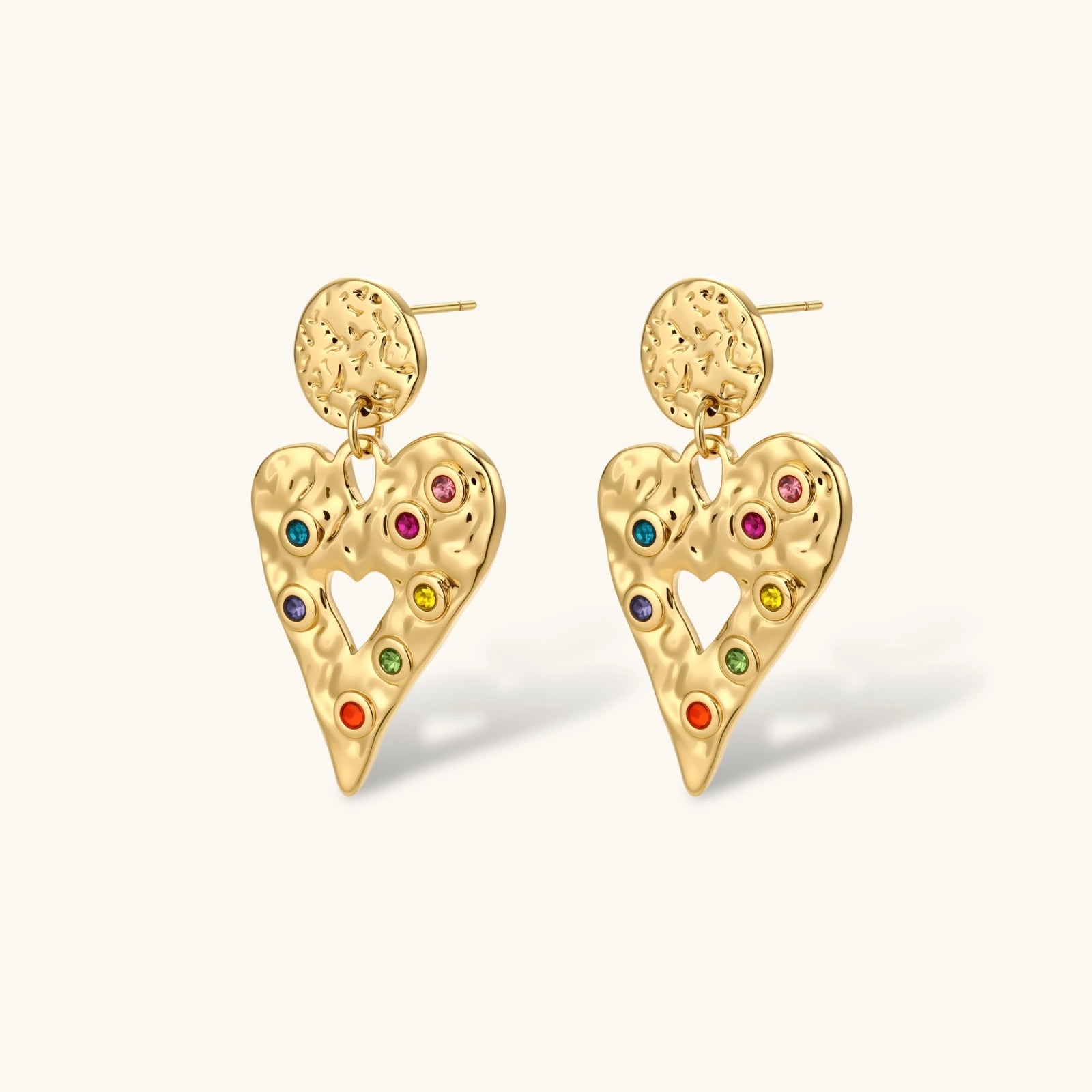 Gold hammered heart drop earrings with rainbow cubic zirconia stones and textured coin stud, 18K gold plated stainless steel.