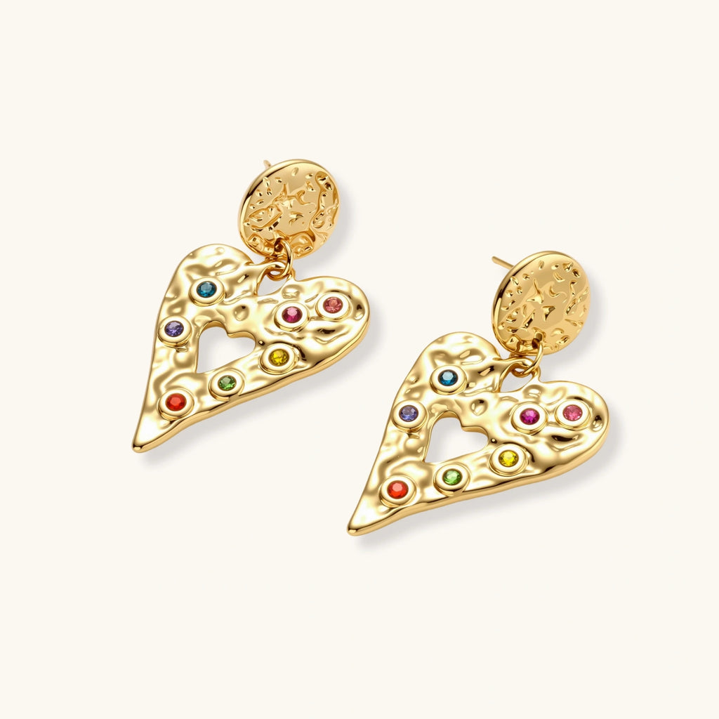 Gold hammered heart drop earrings with rainbow cubic zirconia stones and textured coin stud, 18K gold plated stainless steel.