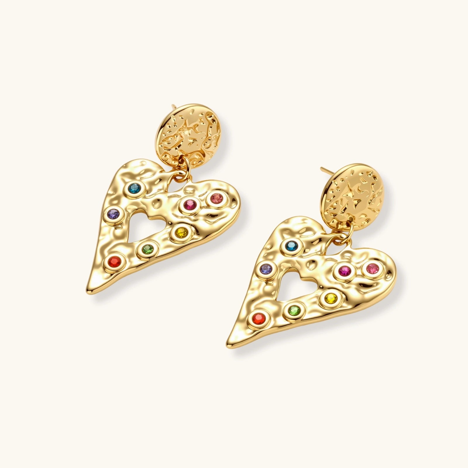 Gold hammered heart drop earrings with rainbow cubic zirconia stones and textured coin stud, 18K gold plated stainless steel.