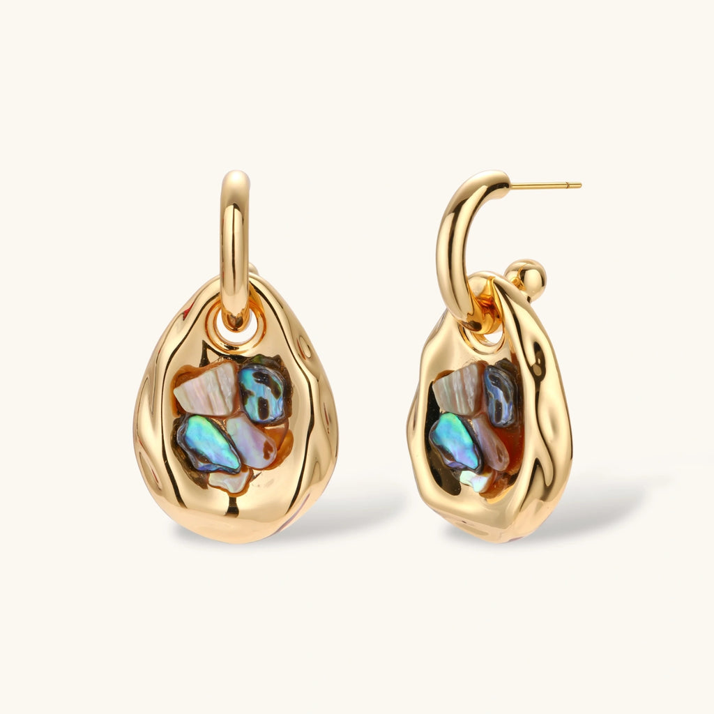 Gold-plated convertible hoop earrings with iridescent shell mosaic pendants, shown assembled and separated on cream background.