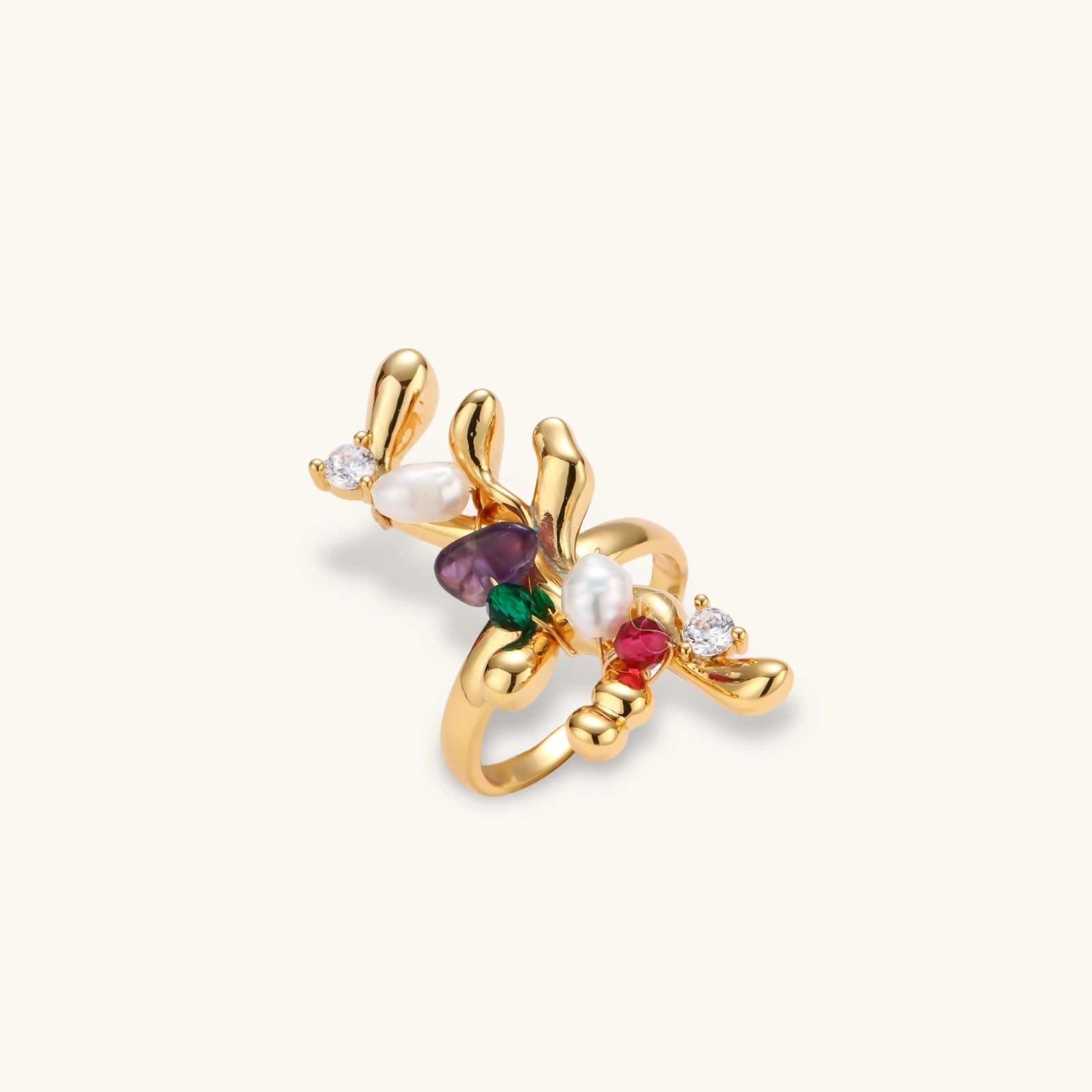 Gold-plated adjustable ring with organic floral design featuring multicolored natural stones and freshwater pearls.
