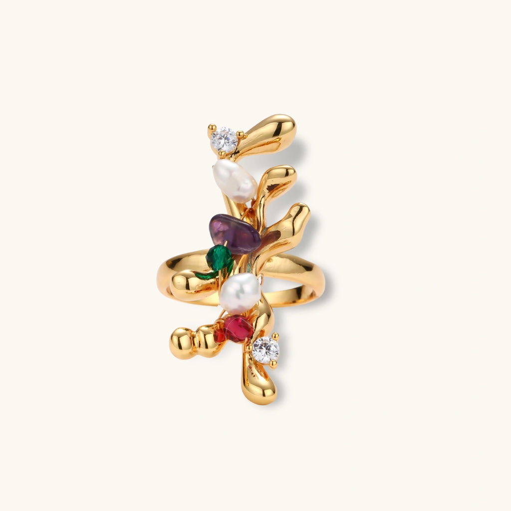 Gold-plated adjustable ring with organic floral design featuring multicolored natural stones and freshwater pearls.